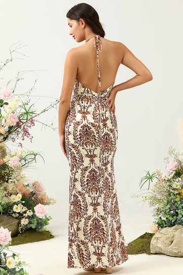 Sirena Estampado Marrón Vestido de Dama de Honor